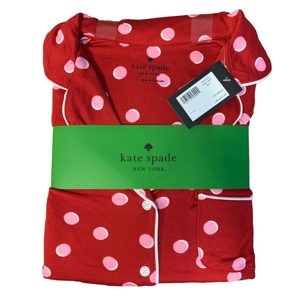Kate Spade New York Women's 2PC Notch Pajama Set Jersey Red Pink Dot Size Small
